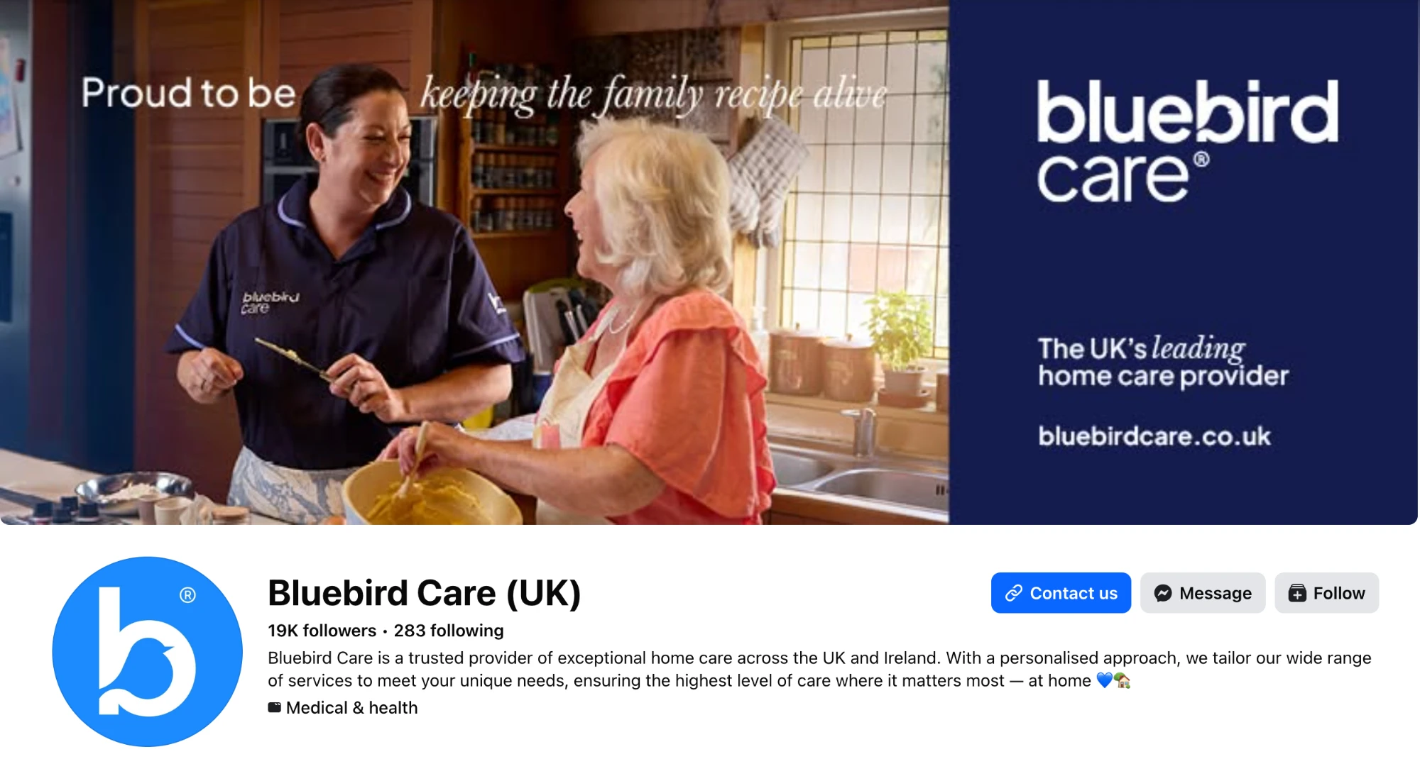 The cover of Bluebird Care's national Facebook page, September 2026